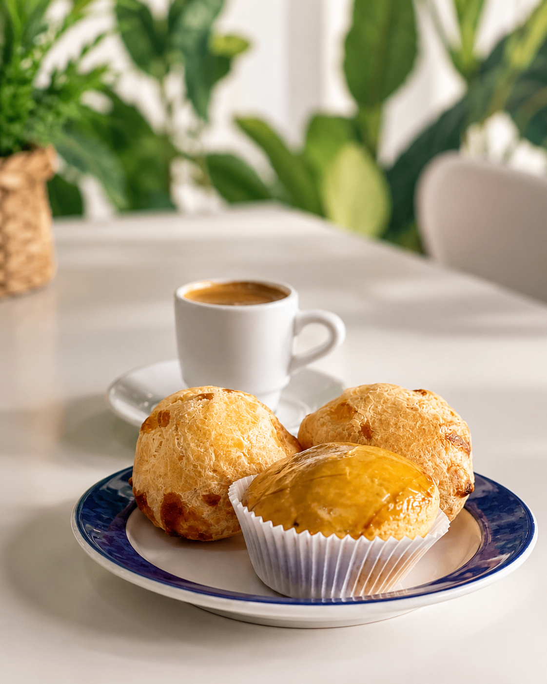 Pão de queijo dourado acompanhado de café expresso
